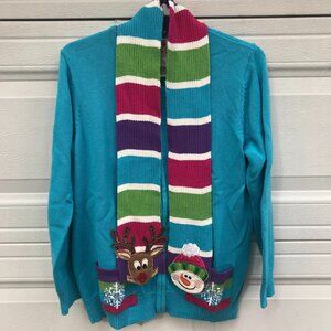 Quacker Factory Turquoise Zip Up Christmas Sweater with Pockets & Scarf Medium